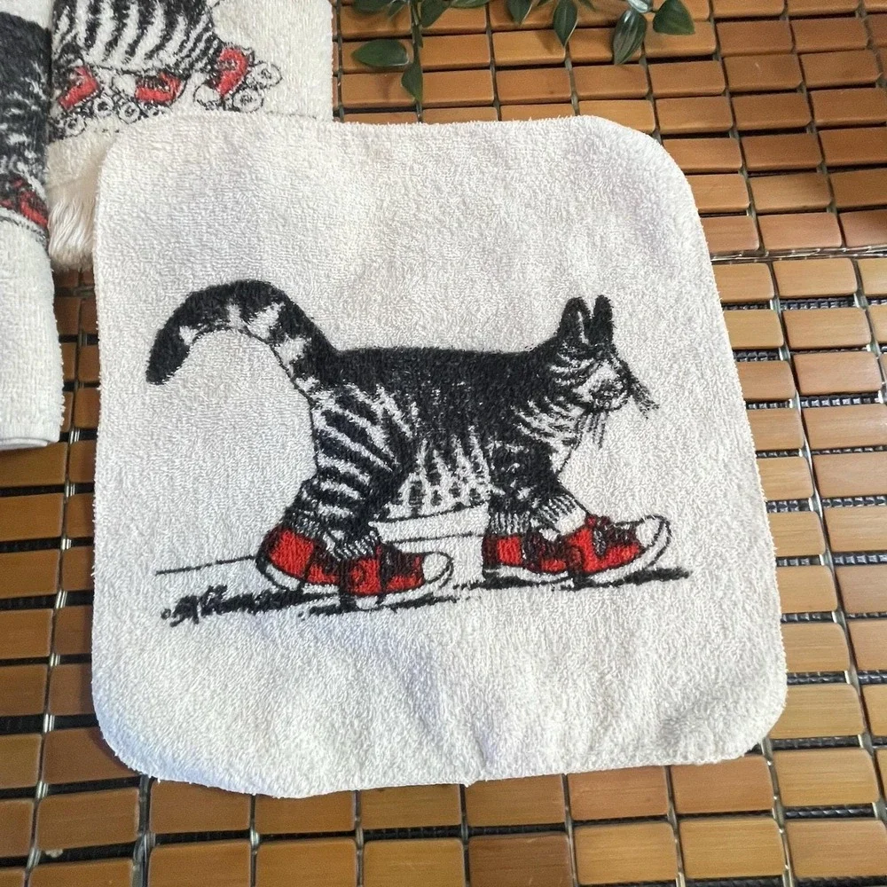 Vtg 70s 80s B Kliban Cat Bathroom Set 6pc Hand Towels Washcloths Handkerchiefs